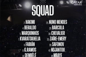 巴黎对阵拜仁大名单：登贝莱、阿什拉夫领衔，扎巴尔尼、杜埃缺席